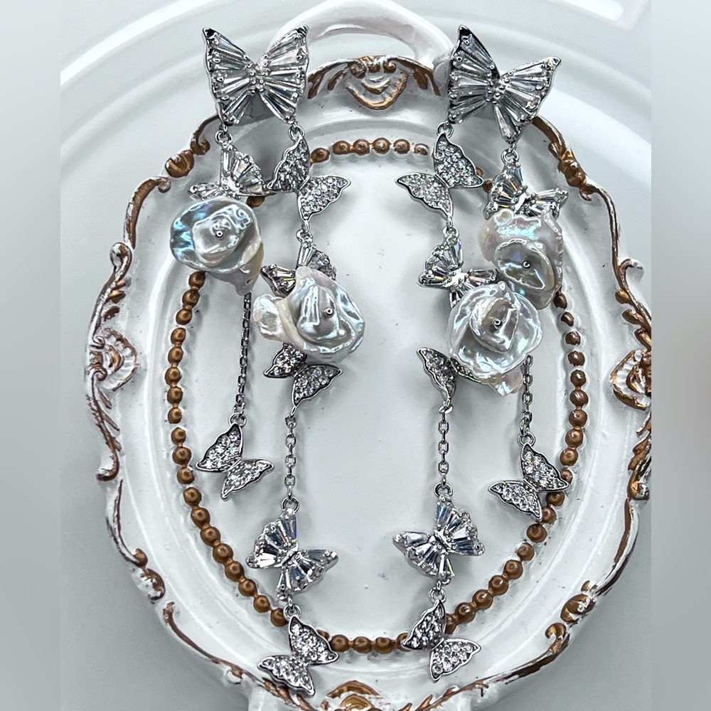 Custom Handmade Premium Freshwater Keshi Pearl Crystal Chandelier Earrings